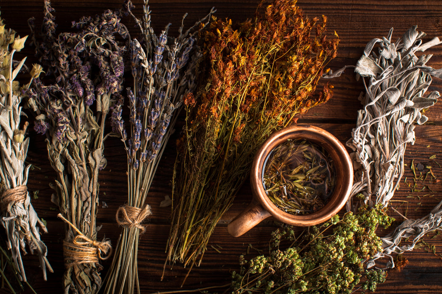 Flat Lay Cup Herbal Tea With Herbs